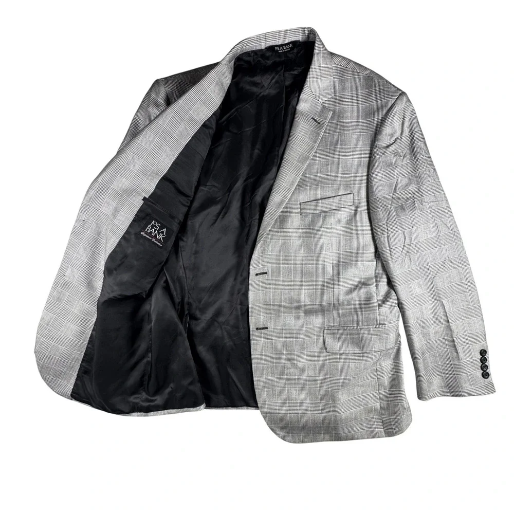 Jos A Bank Sport Coat Mens 48R Grey Silk Wool Plaid Blazer Chelsea Signature